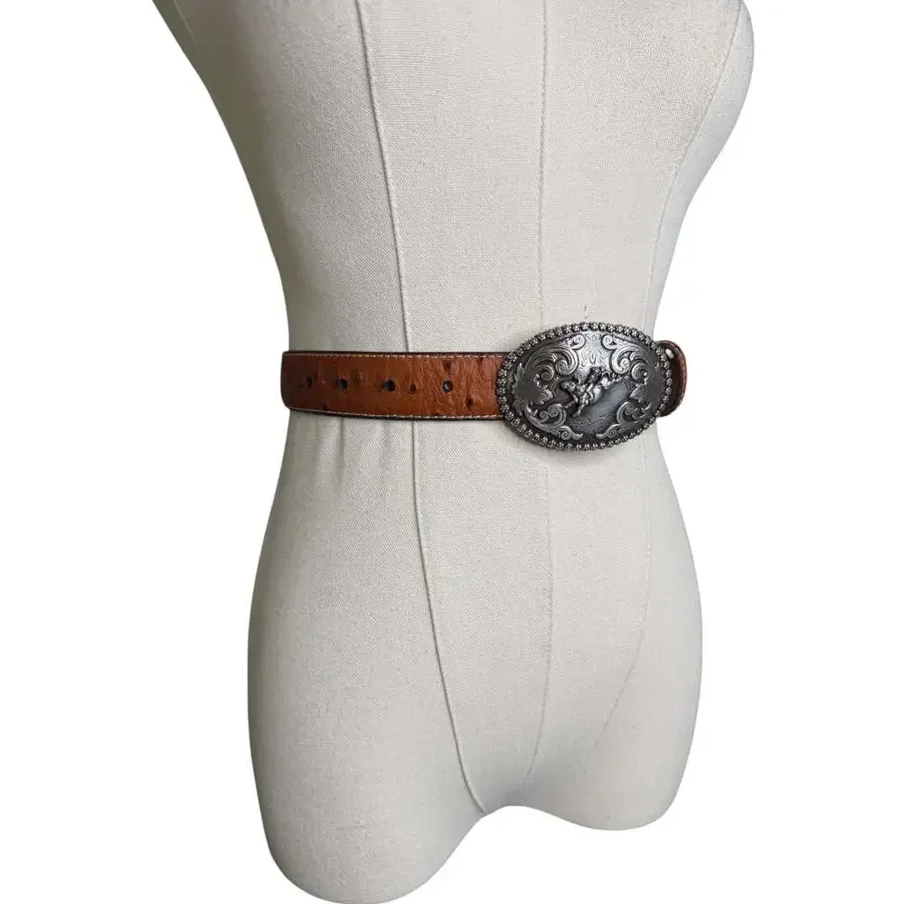 Nocona Belt Co. Ostrich Embossed Leather Belt Silver Tone Rodeo Buckle Sz. 22